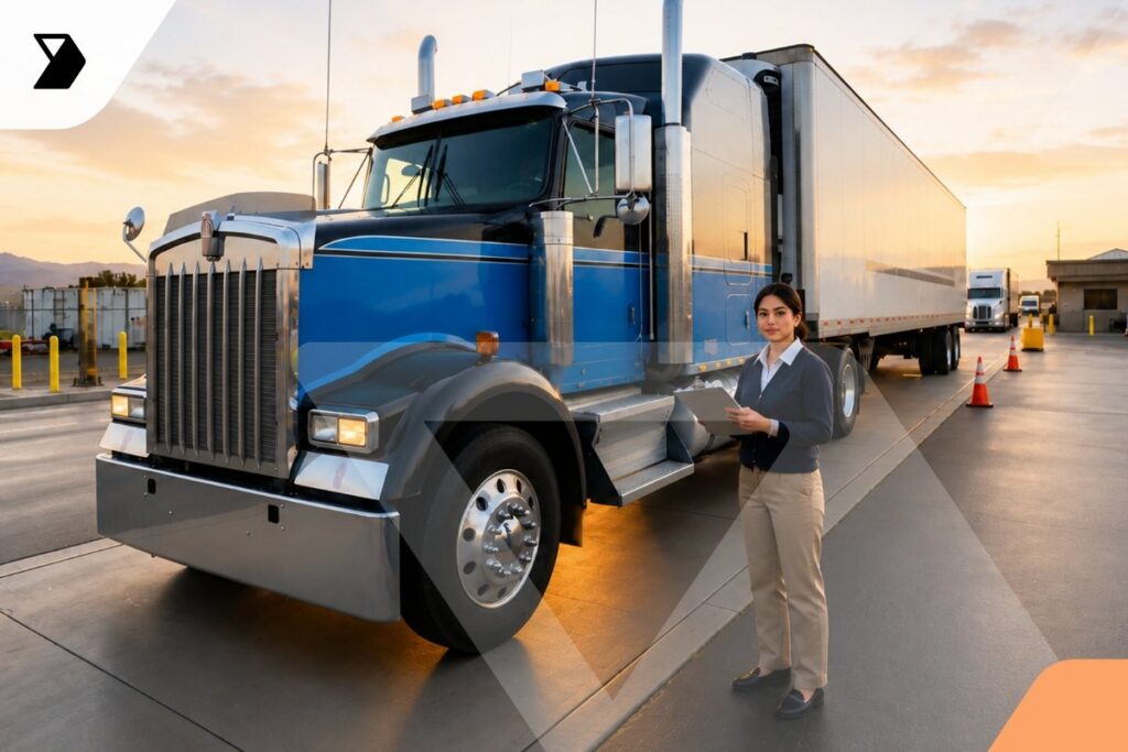 A person in business attire stands with a clipboard in front of a large blue semi-truck at a warehouse during sunset, ready to reference the Fleet Audit Guide for efficient fleet management.