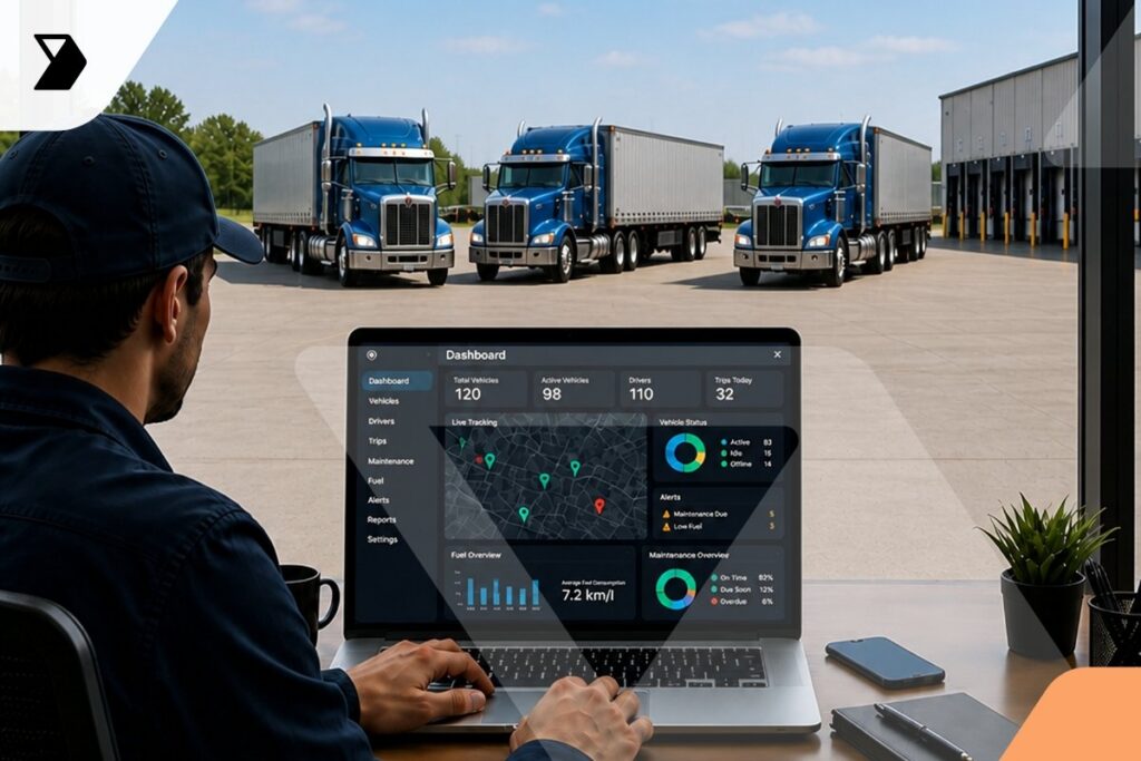 A person sits at a desk by a window, using a laptop displaying a fleet management dashboard.