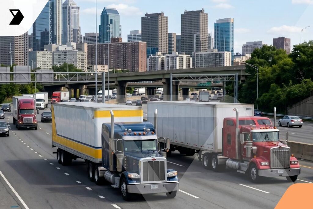 Two large semi-trucks drive side by side on a multi-lane highway with other vehicles, city skyscrapers, and overpasses visible in the background.