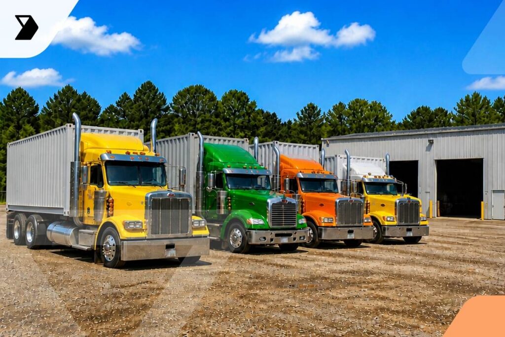 Four large semi-trucks in yellow, green, orange, and red are parked before a gray industrial building—an ideal scene for discussing what is a Transportation Management System and how it optimizes fleets beneath blue skies and clouds.