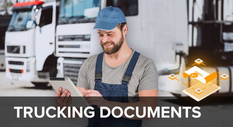 Smiling man in a blue cap and overalls uses a tablet in front of parked trucks, with the text TRUCKING DOCUMENTS and a digital document icon overlayed.