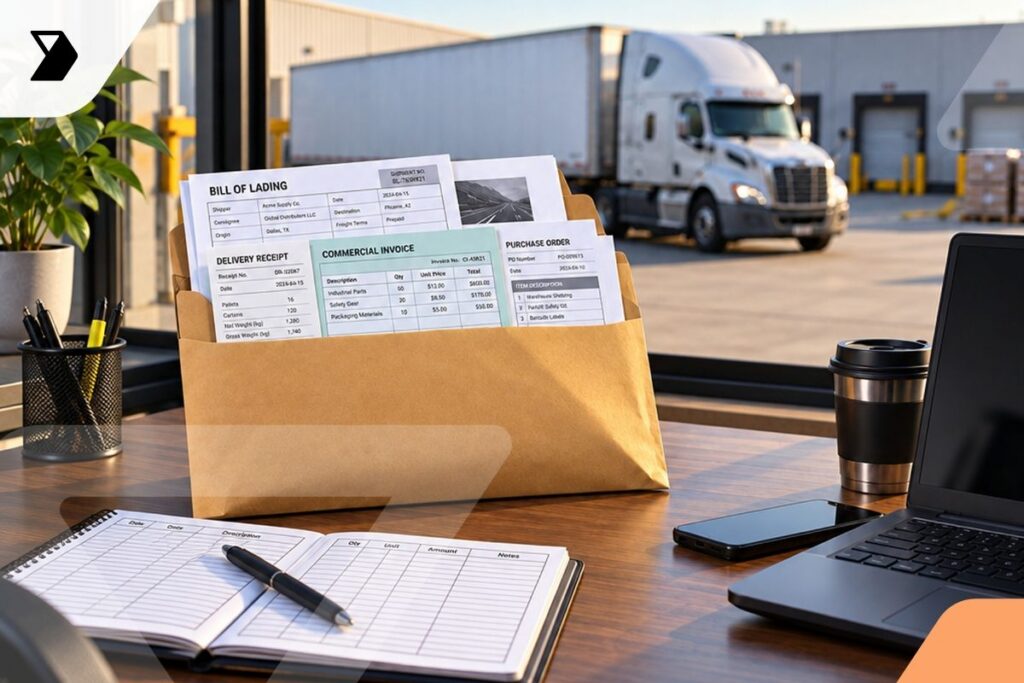 A desk with a laptop, notebook, coffee cup, and an envelope holding shipping documents; outside the window, a semi-truck is parked at a loading dock.