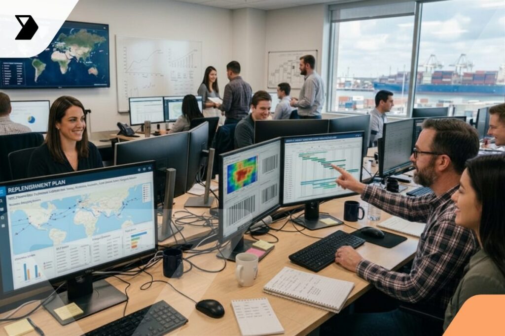 Office with multiple people collaborating at desks, analyzing data on computer screens displaying graphs, charts, and world maps.