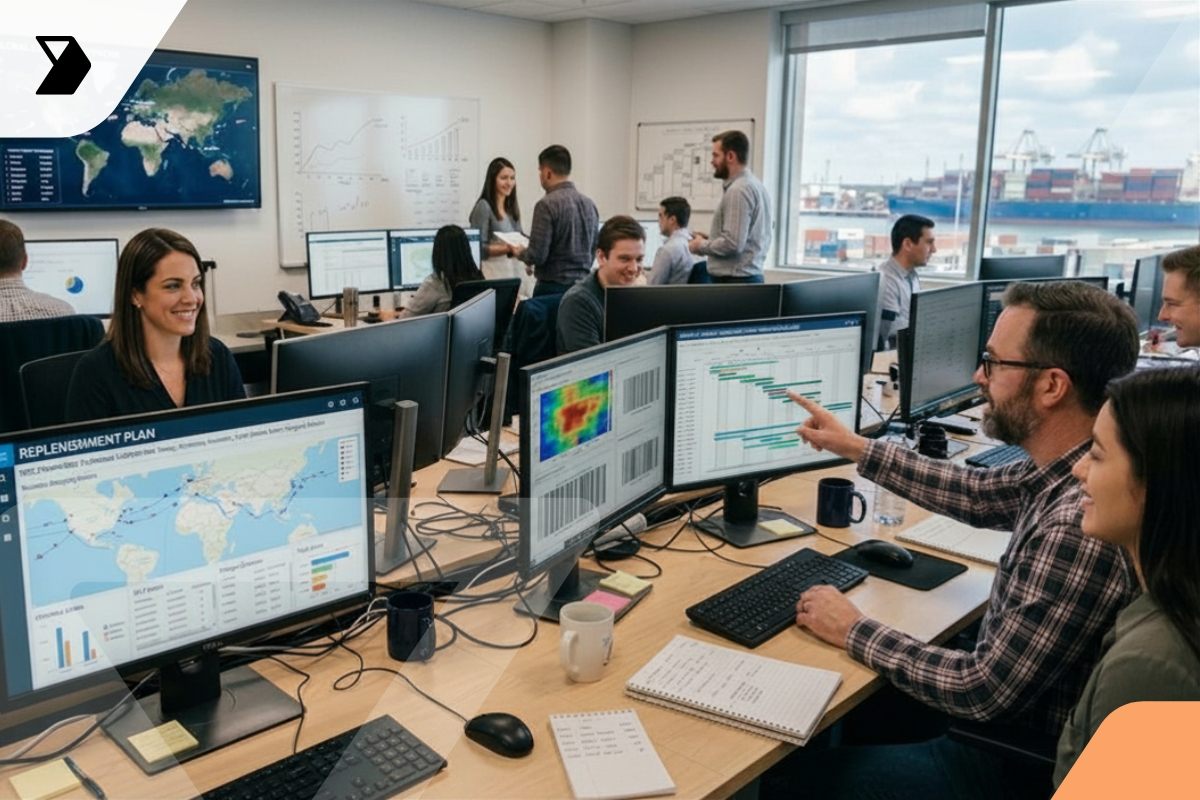 Office with multiple people collaborating at desks, analyzing data on computer screens displaying graphs, charts, and world maps.
