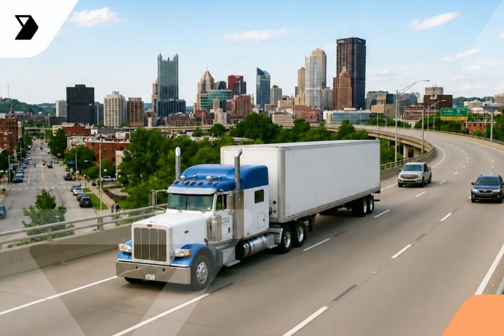 A white semi-truck with a blue cab drives on a highway near a city skyline with tall buildings under a clear sky.