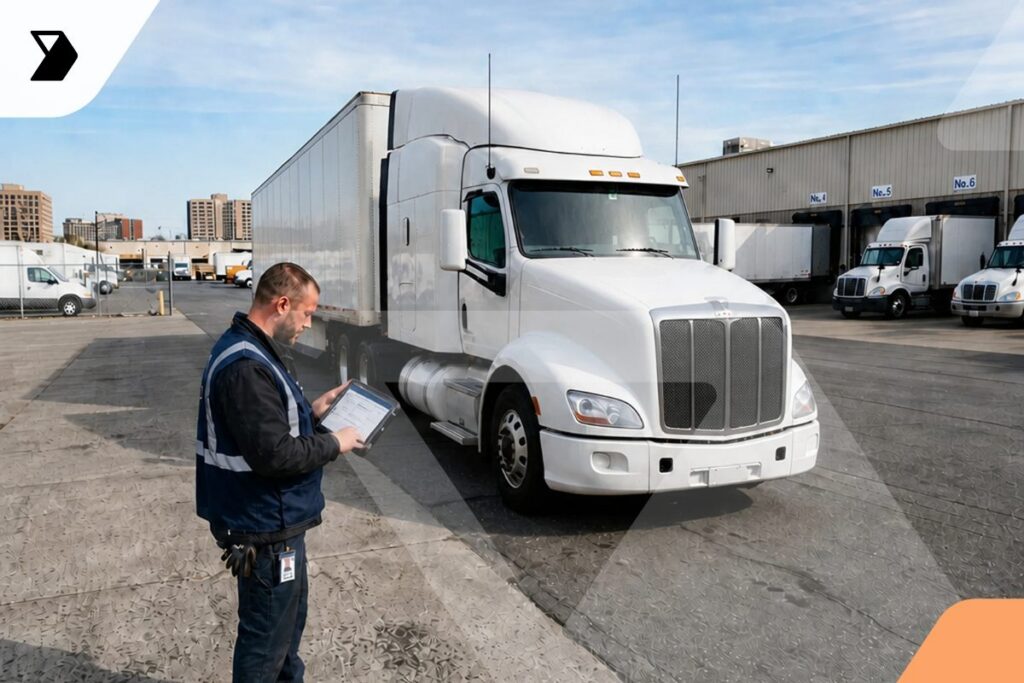 A man in a safety vest inspects a clipboard while standing near a white semi-truck parked in a lot outside a warehouse, with other trucks and industrial buildings in the background.