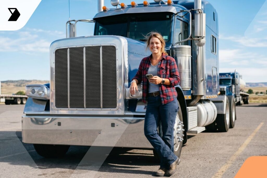 A woman in a plaid shirt leans against a large blue semi-truck, smiling and holding a coffee cup, with a clear sky and open road in the background.