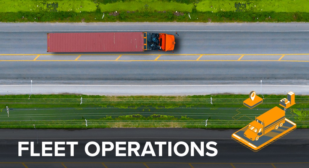 Aerial view of a red semi-truck with a long trailer driving on a highway, next to a green grassy strip. Text reads FLEET OPERATIONS with a graphic of a truck and GPS icons, highlighting What Is Full Truckload, in the lower right corner.