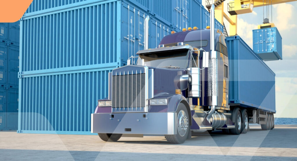 Truck performing intermodal drayage at a busy seaport terminal