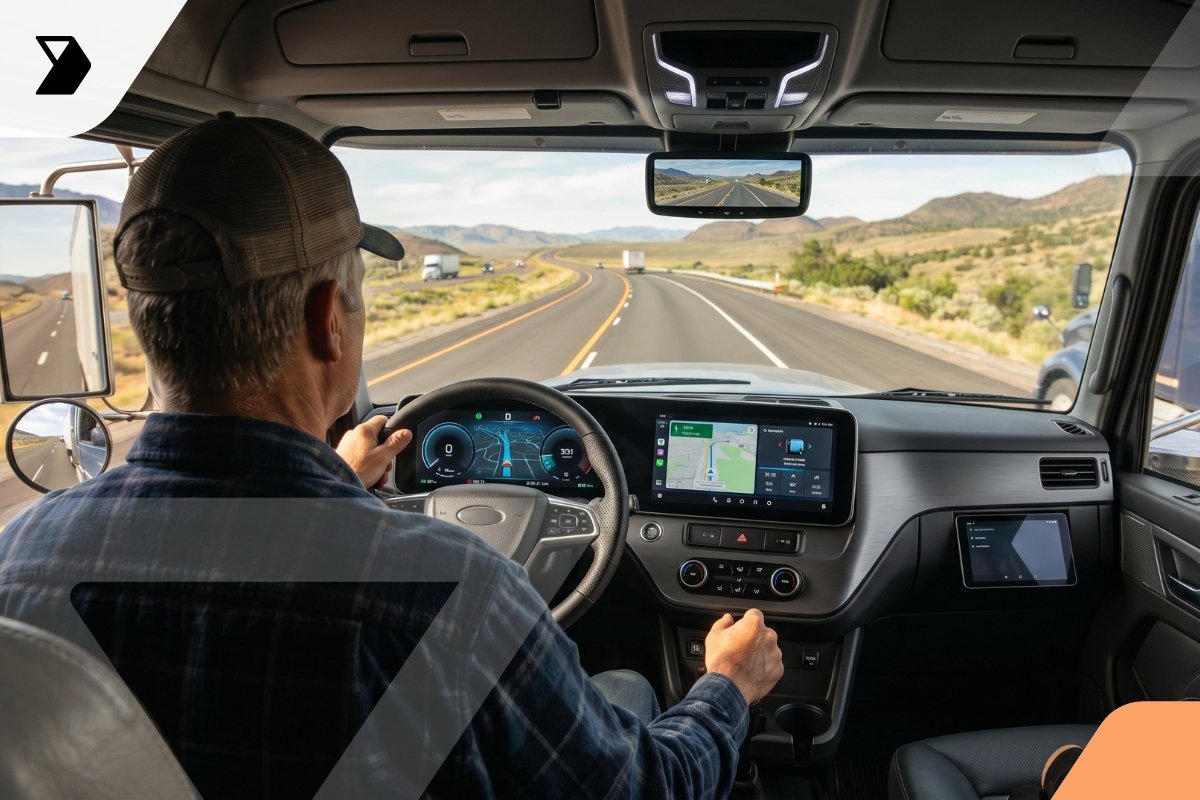 A man wearing a cap drives a modern truck on a highway through a scenic, hilly landscape.