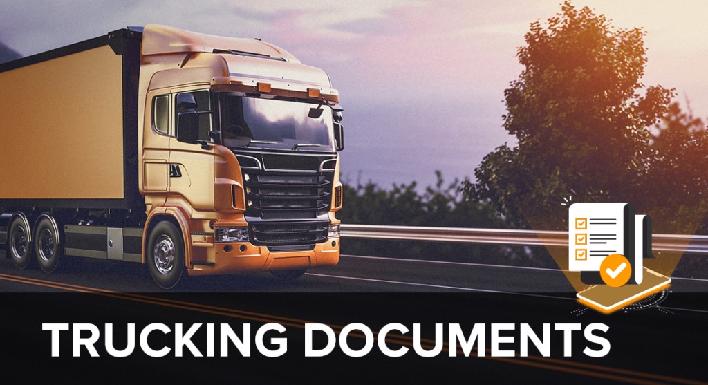 A large yellow semi-truck drives on a highway at sunset. In the foreground, the text TRUCKING DOCUMENTS appears next to an icon of documents with a checkmark.