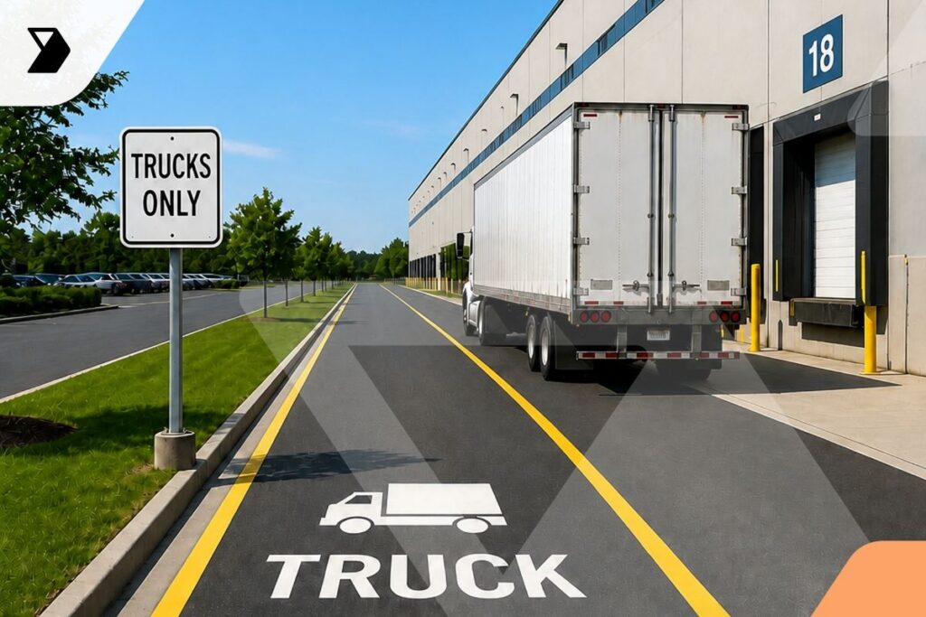 A large delivery truck backs up to a loading dock at a warehouse.