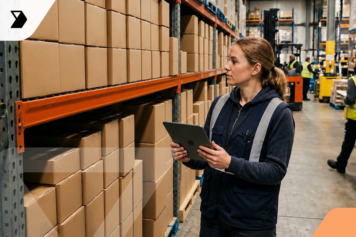 A woman in a warehouse inspects stacked cardboard boxes on shelves while holding a tablet.