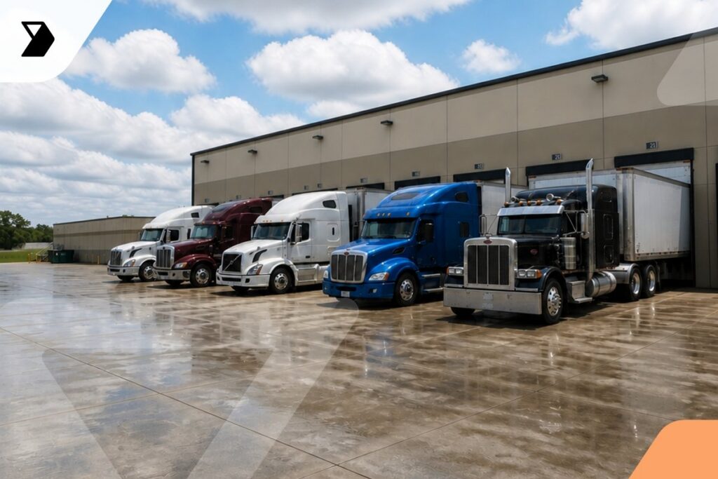 Four semi-trucks in different colors—white, maroon, blue, and black—are parked in front of a beige warehouse building with multiple loading docks under a partly cloudy sky.