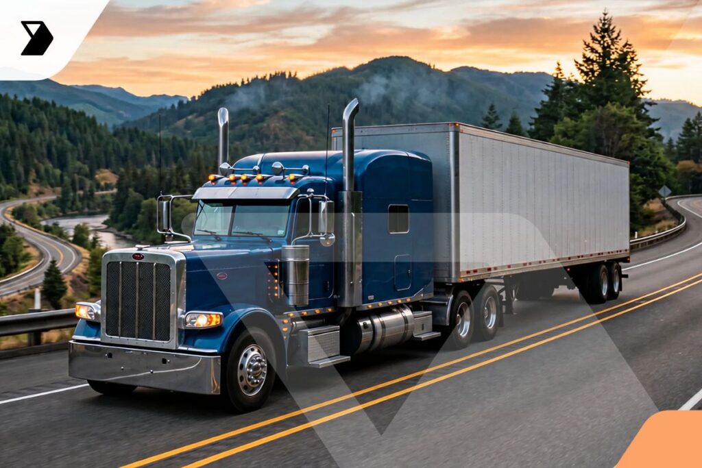 A blue semi-truck with a large trailer drives on a winding mountain road, surrounded by trees and hills at sunset.
