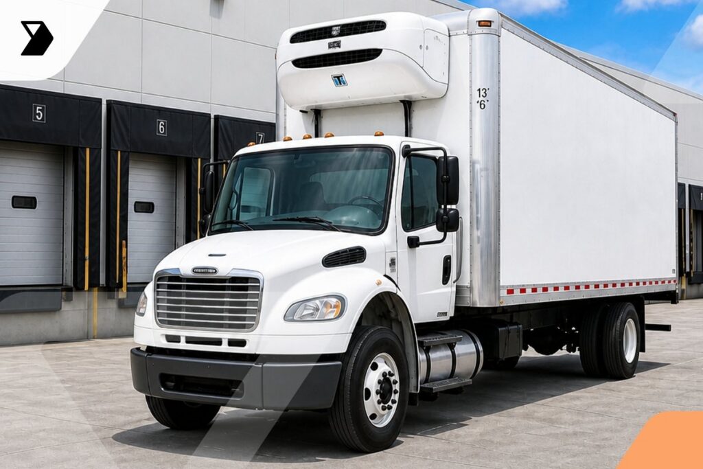A white refrigerated box truck is parked outside a warehouse loading dock with multiple closed bay doors.