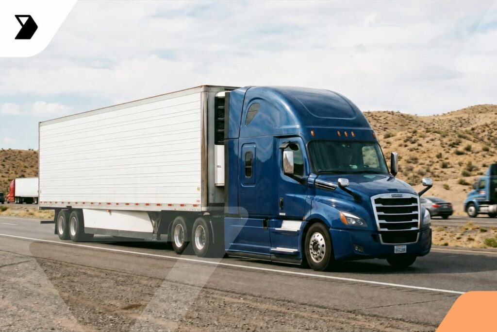 A blue semi-truck with a white trailer drives down a highway in a desert landscape under a partly cloudy sky.