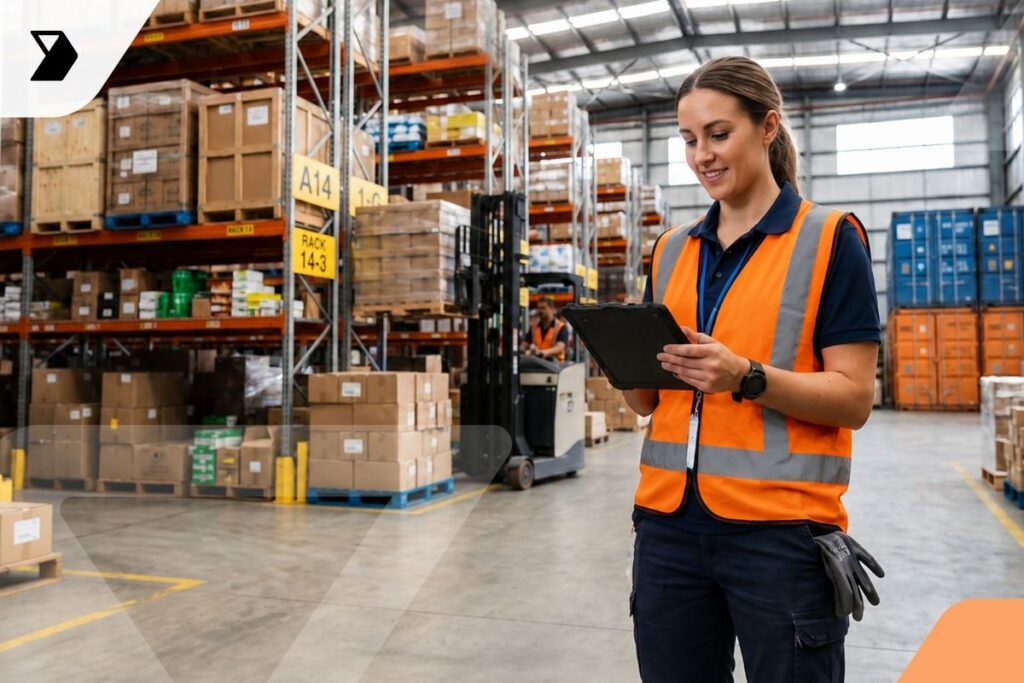 A woman wearing a high-visibility vest stands in a warehouse, smiling and using a tablet.