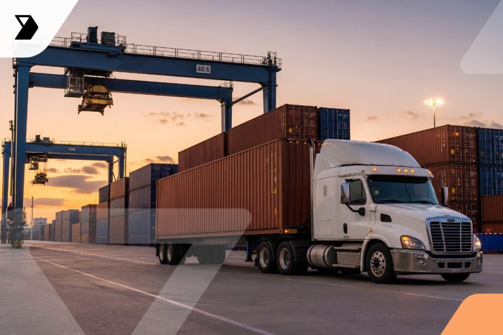 A white semi-truck with a container trailer is parked at a shipping yard during sunset, surrounded by stacked cargo containers and large cranes.