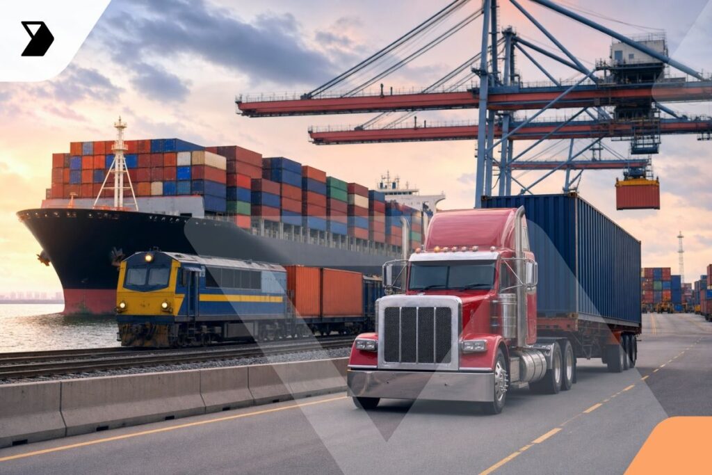 A cargo ship, a freight train, and a semi-truck with containers showcase intermodal transportation at a busy shipping port with cranes in the background under a cloudy sky.