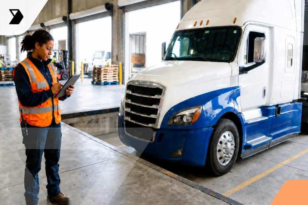 A person in a safety vest stands in a warehouse, holding a clipboard and inspecting a parked semi-truck with a white and blue cab near loading docks.