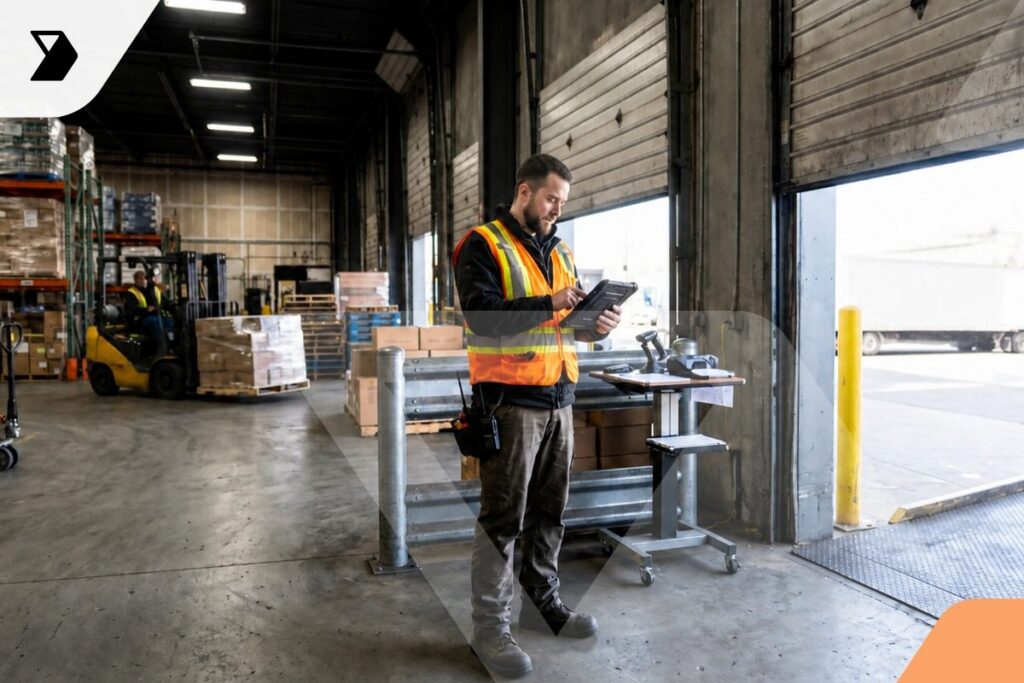 A warehouse worker in a safety vest stands near an open loading dock, using a tablet.
