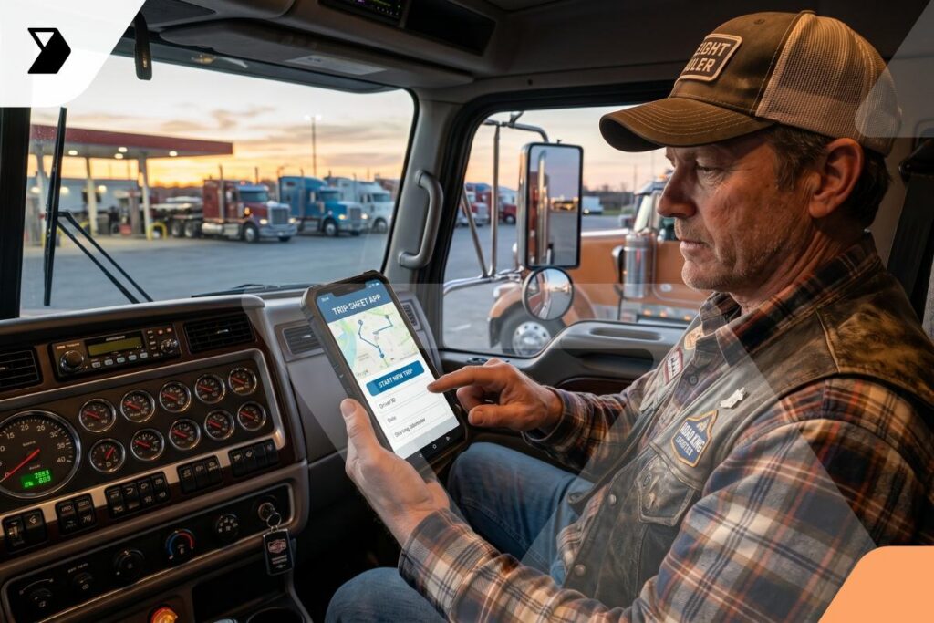 A truck driver sits in the cab, using a tablet with a map app.