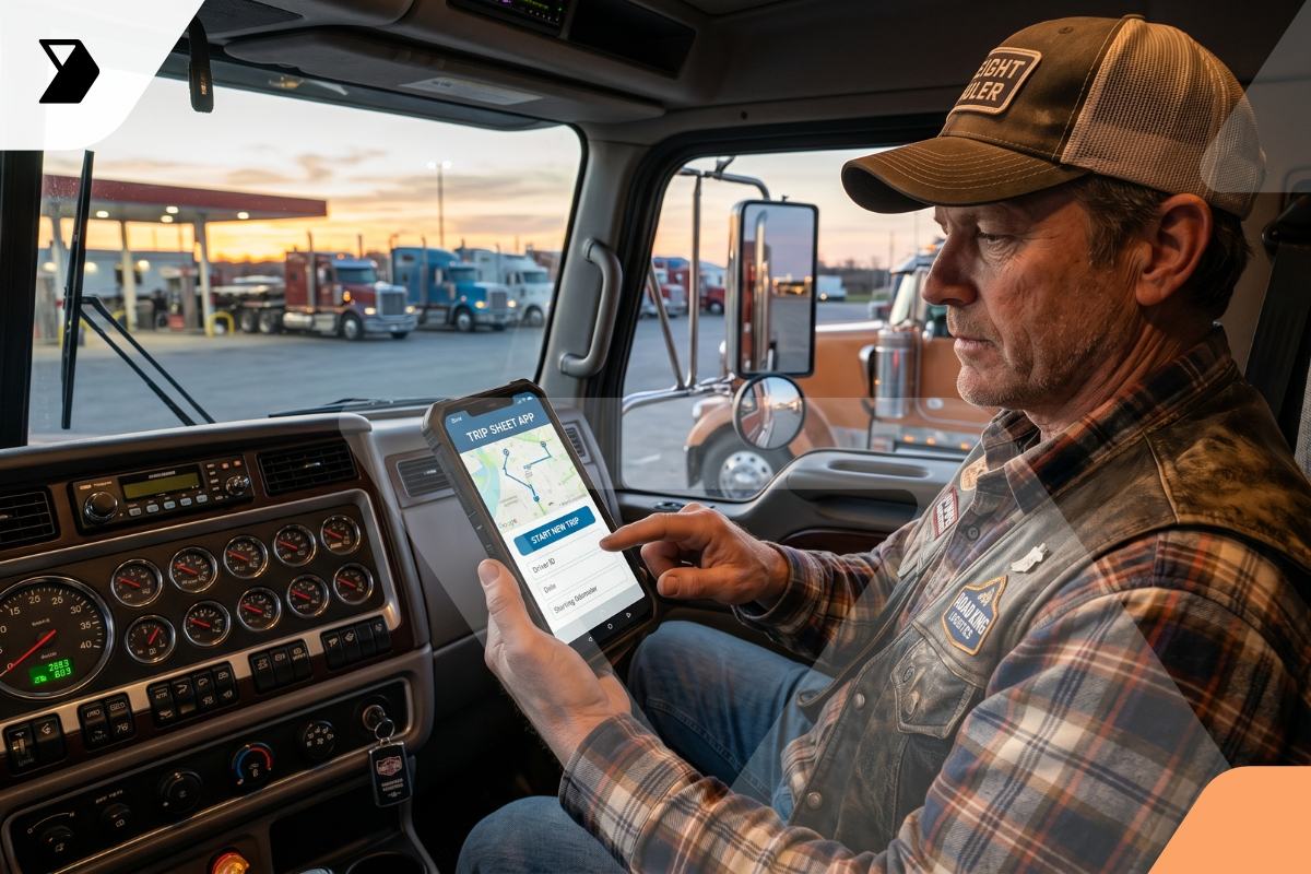 A truck driver sits in the cab, using a tablet with a map app.