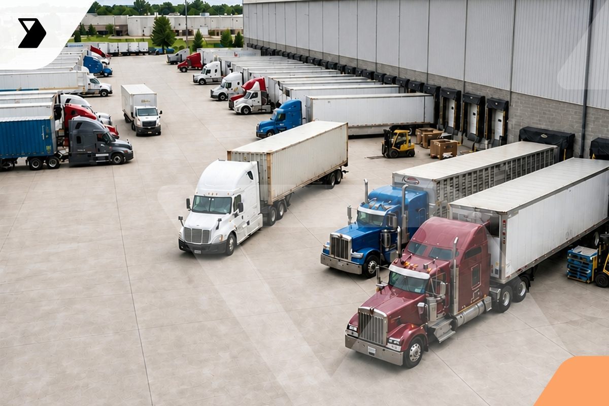 Several semi-trucks and trailers are parked and being loaded or unloaded at loading docks outside a large warehouse on a clear day.