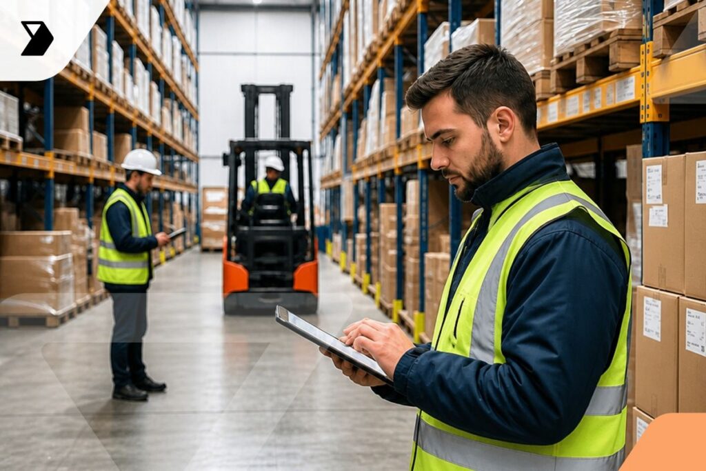Two warehouse workers in safety vests stand among shelves of boxes; one uses a tablet in the foreground, while the other checks a clipboard.