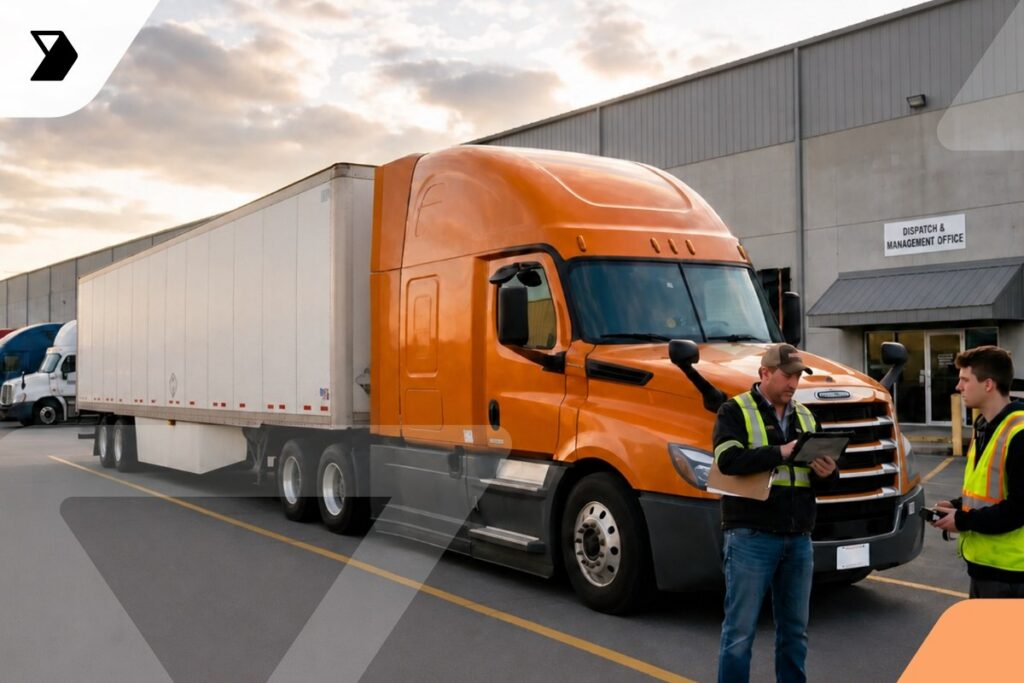 Two men in safety vests stand and talk near a large orange semi-truck parked outside an industrial warehouse with a sign reading Dispatch & Management Office.