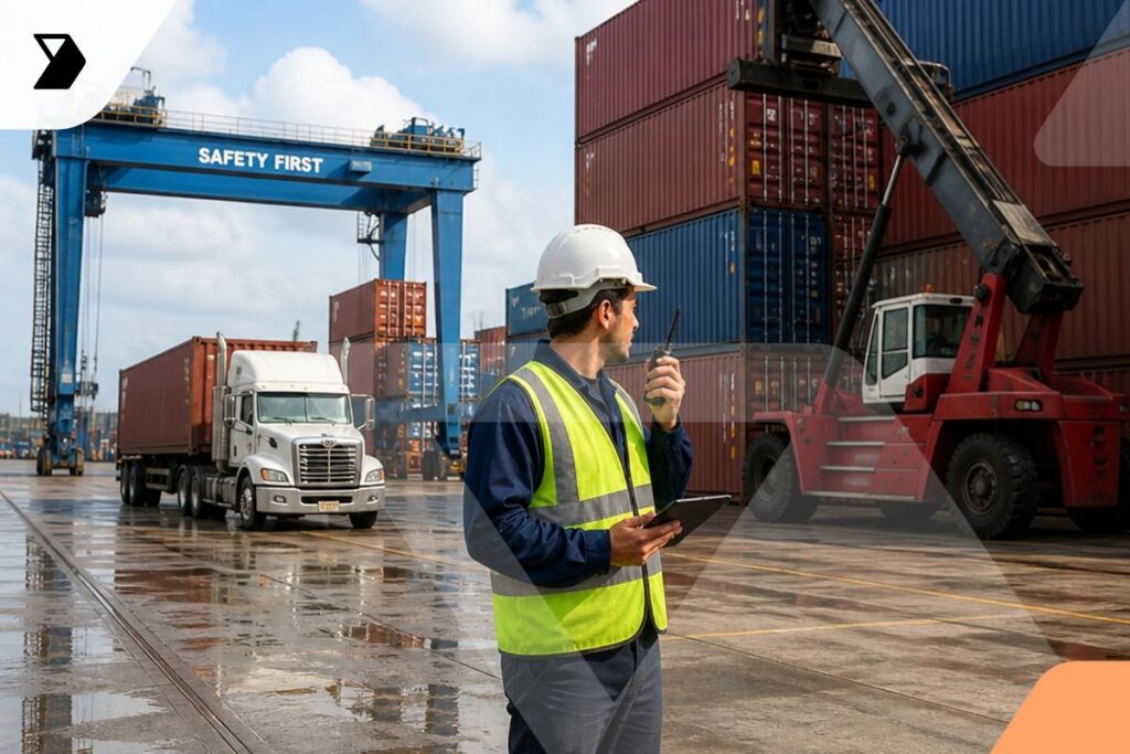 A worker in a safety vest and hard hat holds a tablet and speaks into a radio at a busy shipping yard, surrounded by cargo containers, trucks, and a crane labeled Safety First.