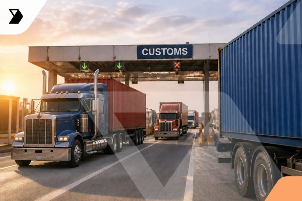Two large semi-trucks with shipping containers pass through a customs checkpoint at a border under a blue sky, while other trucks wait in line.