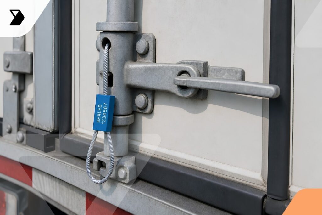 Close-up of a cargo truck door secured with a metal cable seal labeled SEALED 1234567.