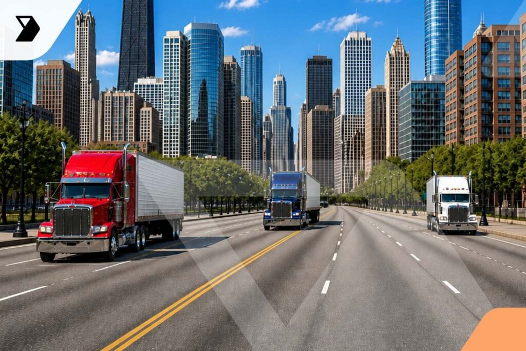 Three large semi-trucks—red, blue, and white—drive on a wide, empty highway with green trees and tall modern skyscrapers in the background under a blue sky.