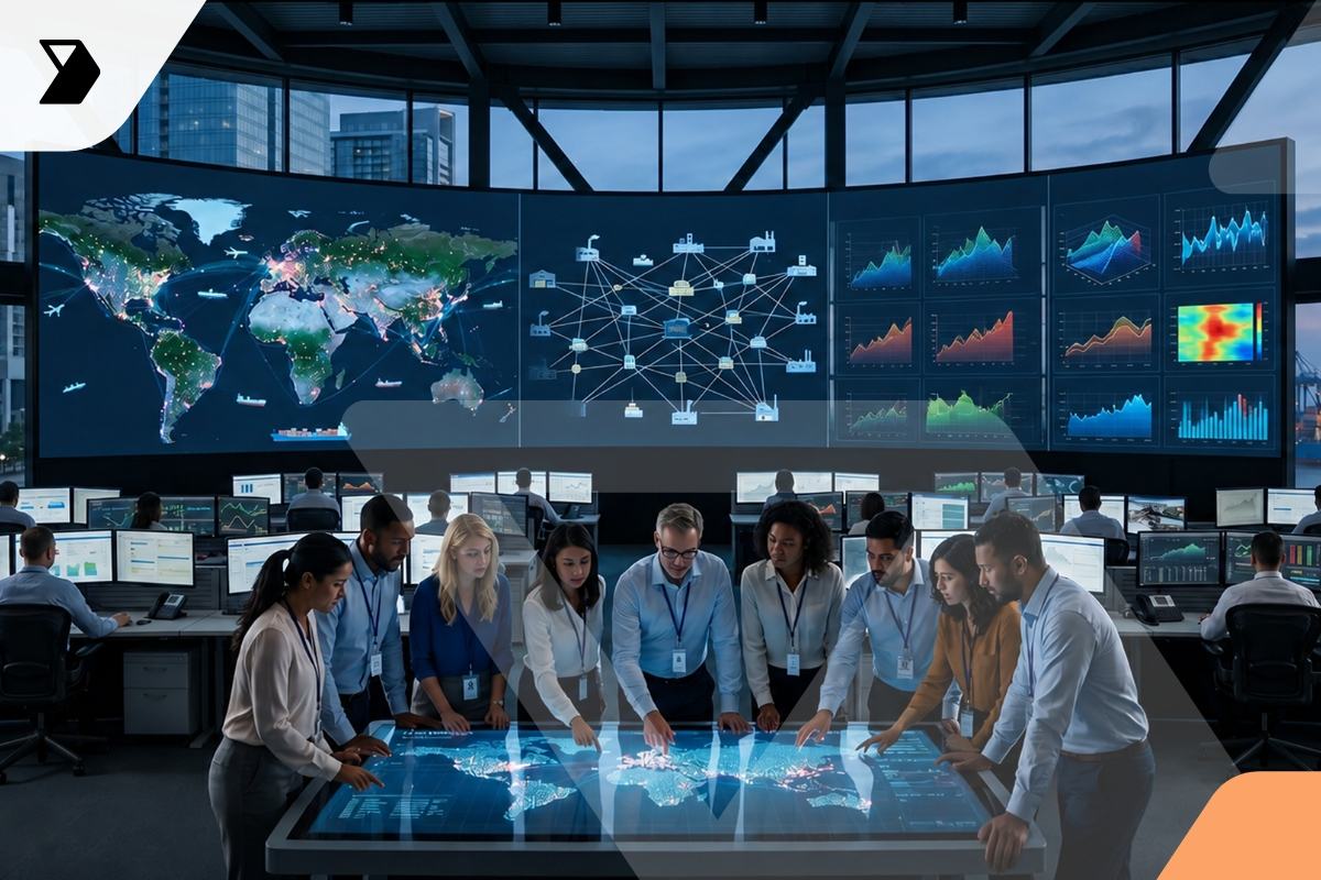 A diverse group of professionals stands around a large interactive touchscreen table in a control room, analyzing data.