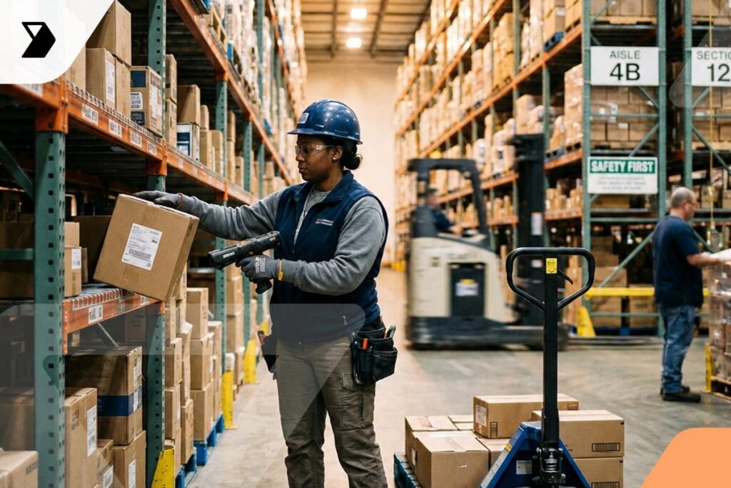A warehouse worker wearing a blue helmet and safety vest scans a box on a shelf.