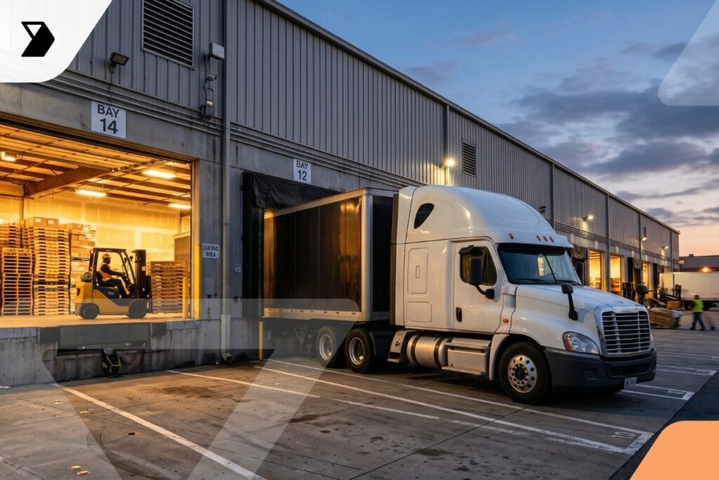 A white semi-truck is parked at a loading dock outside a warehouse at sunset, with a forklift moving wooden pallets inside the brightly lit building.