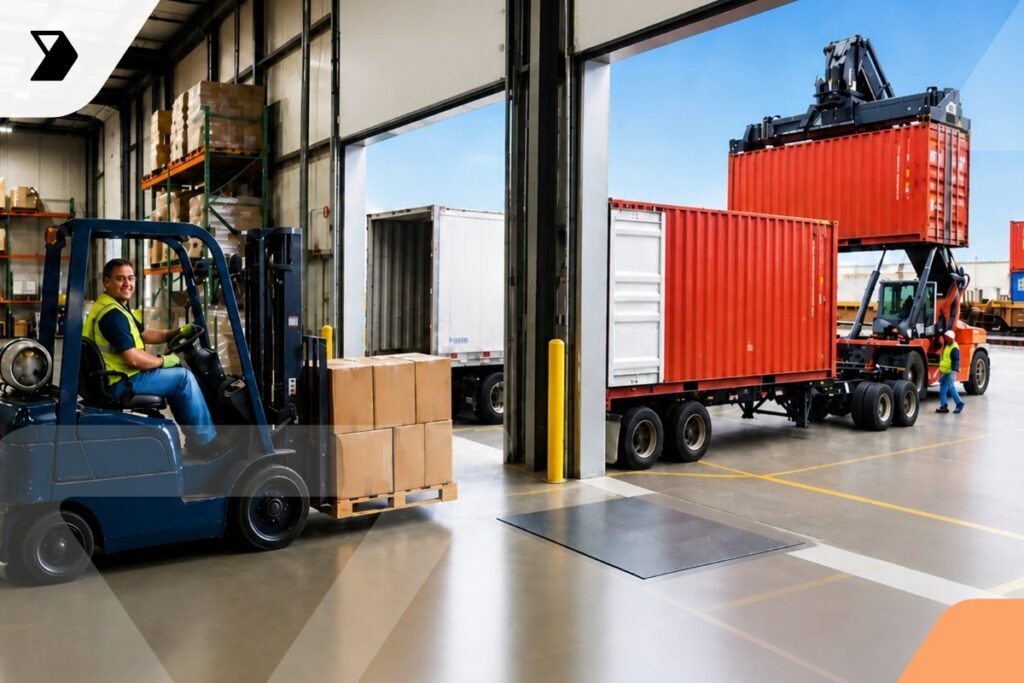 A warehouse worker drives a forklift carrying boxes inside a loading area, while shipping containers are being loaded onto trucks outside under a clear sky.