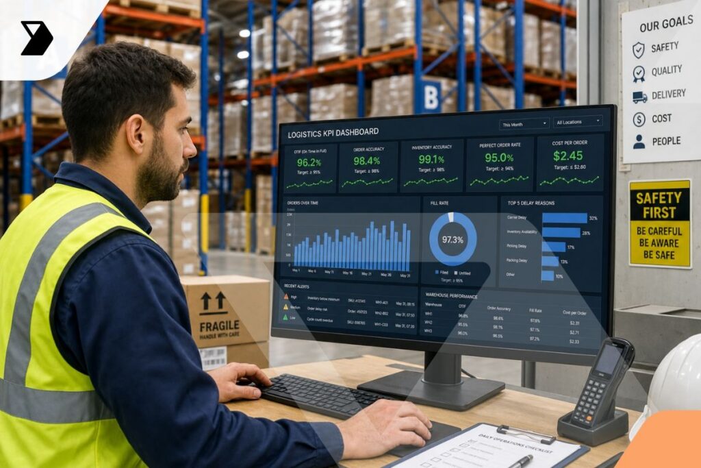 A warehouse worker wearing a yellow safety vest sits at a desk, viewing a logistics KPI dashboard on a computer monitor.