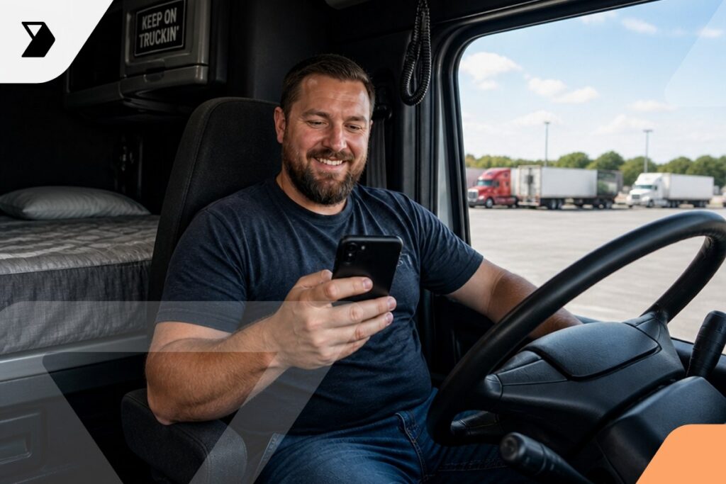 A smiling man sits in the driver’s seat of a parked truck, looking at his smartphone.