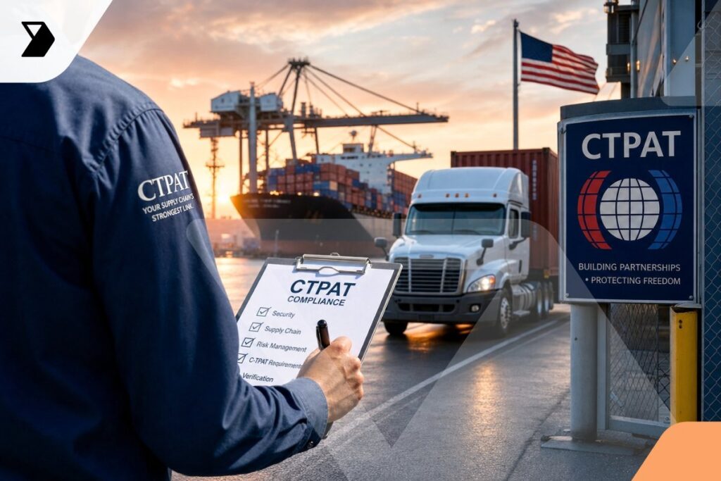 A person holds a clipboard labeled CTPAT Compliance at a shipping port, with a cargo truck, stacked containers, cranes, and an American flag in the background.