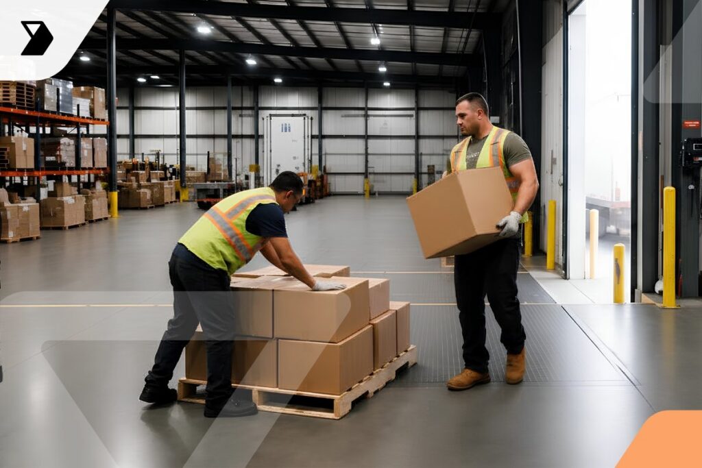 Two warehouse workers in safety vests handle large cardboard boxes on a pallet inside a spacious warehouse with shelves and packages in the background.
