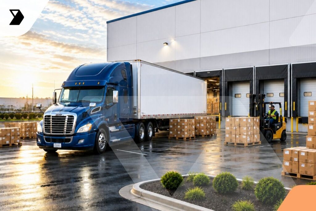 A blue semi-truck is parked at a warehouse loading dock while a forklift moves cardboard boxes nearby.