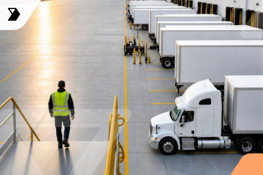A worker in a yellow safety vest walks toward a row of white delivery trucks parked at a loading dock, demonstrating effective yard management in an industrial area during daylight.