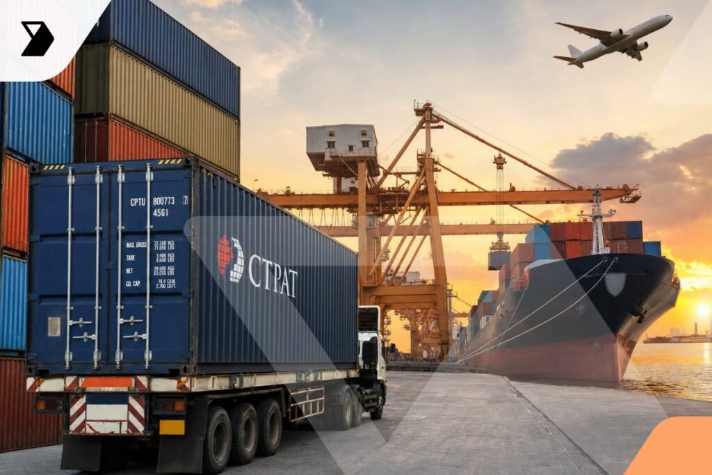 A cargo truck, shipping containers, and a large container ship are at a busy port during sunset, showcasing the CTPAT benefits of secure and efficient goods movement as cranes load or unload cargo and an airplane flies overhead.