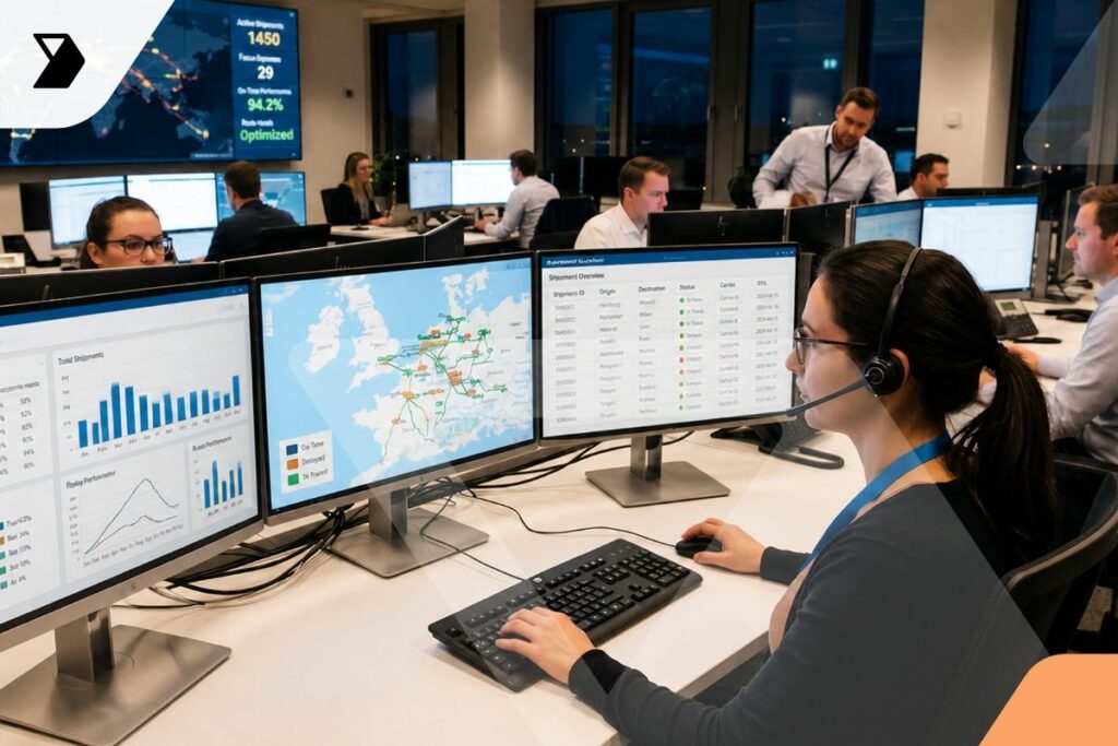 A woman sits at a desk with multiple computer monitors displaying maps, charts, and data in a busy control room with other people working at similar stations.
