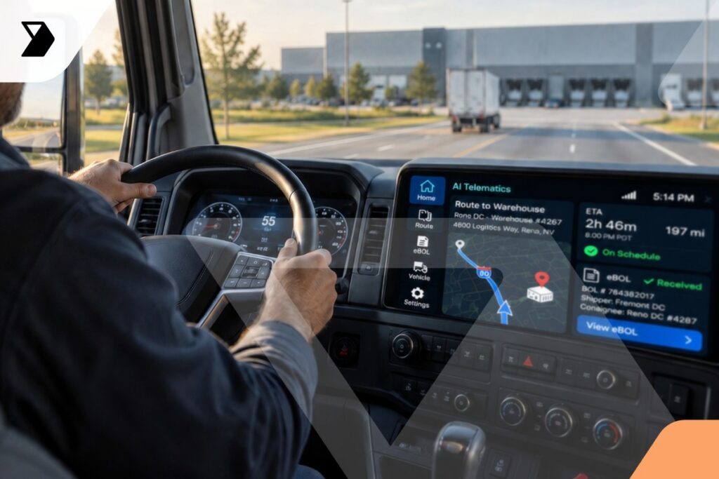 A person drives a truck while a navigation screen displays route details, directions, delivery status, and estimated arrival time. A large warehouse is visible through the windshield.
