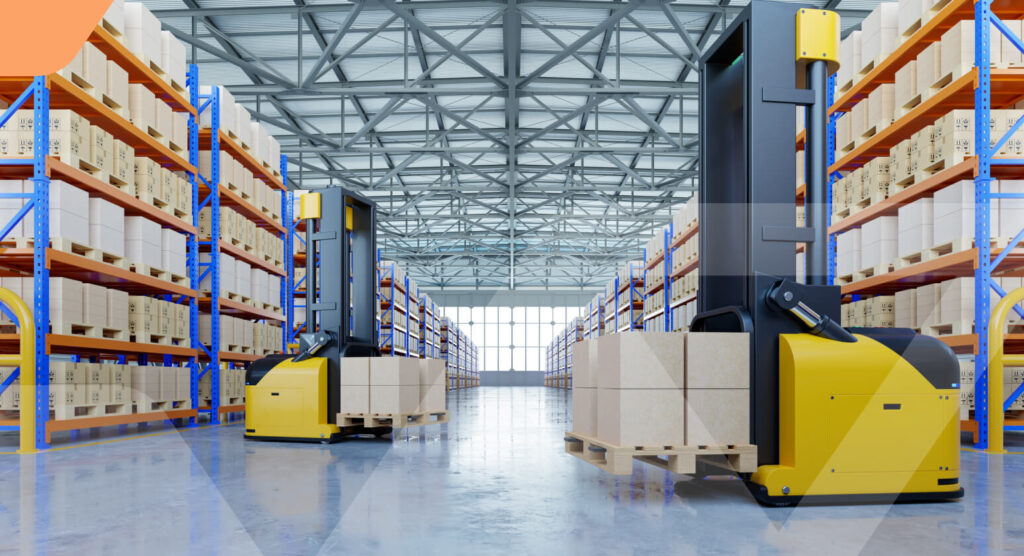 Automated guided vehicles (AGVs) or robotic forklifts moving pallets in a modern, high-bay warehouse