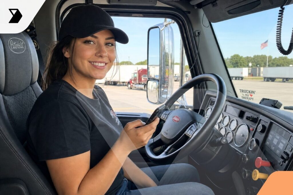 A woman wearing a black cap and t-shirt smiles while sitting in the driver’s seat of a semi-truck, holding a phone, with a parking lot of trucks and an American flag visible outside the window.